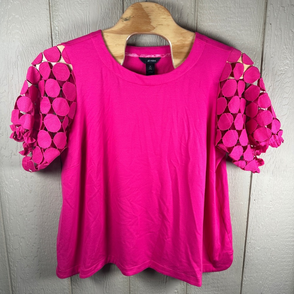 Ali Miles Top Women 2X Pink Short Crochet Sleeve Crew Neck Side Slit Casual Chic